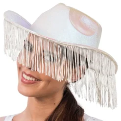 CHAKS Cowboyhat Hvid Skinnende med Frynser - Kostumetema|Hatte