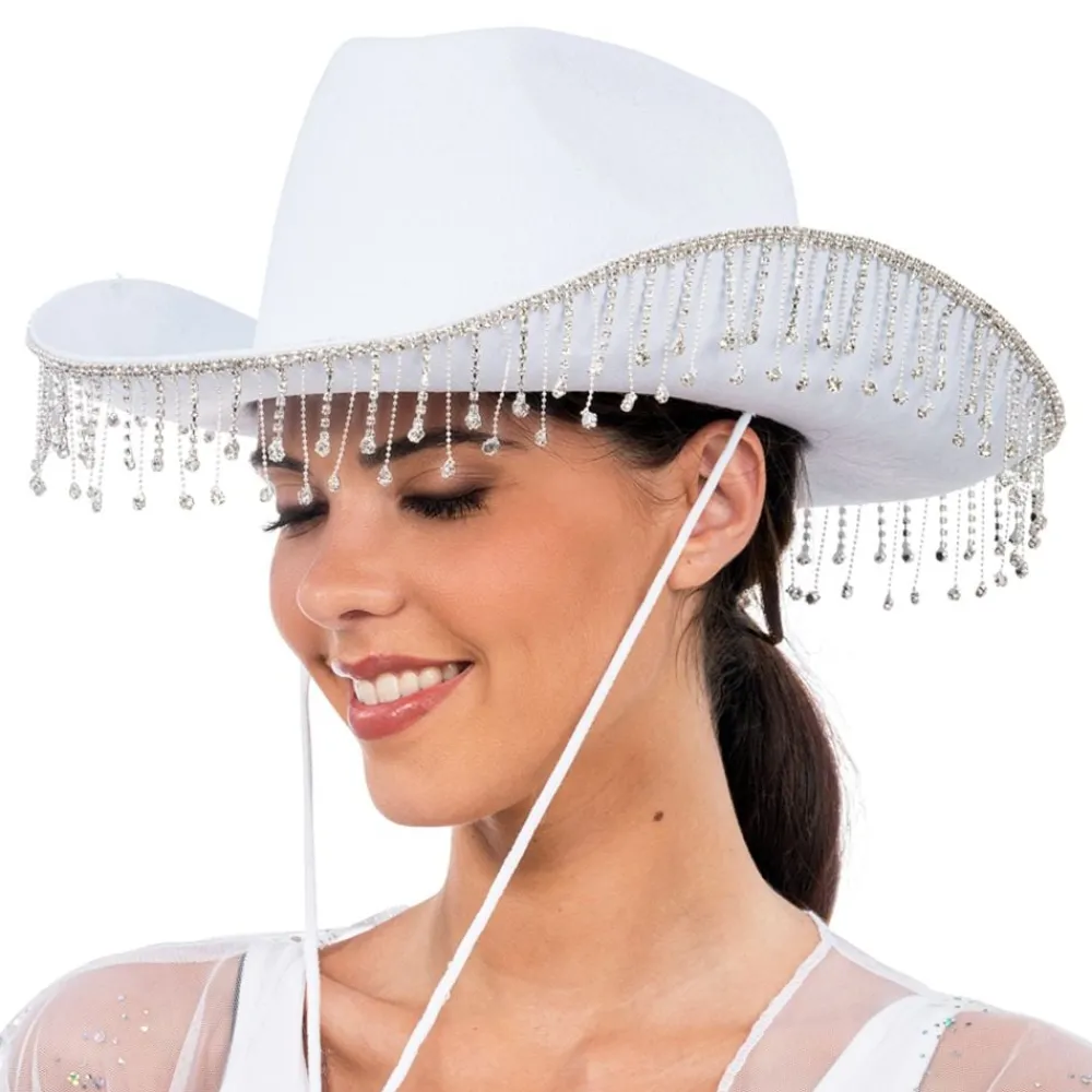 CHAKS Cowboyhat med strass Hvid - Kostumetema|Hatte