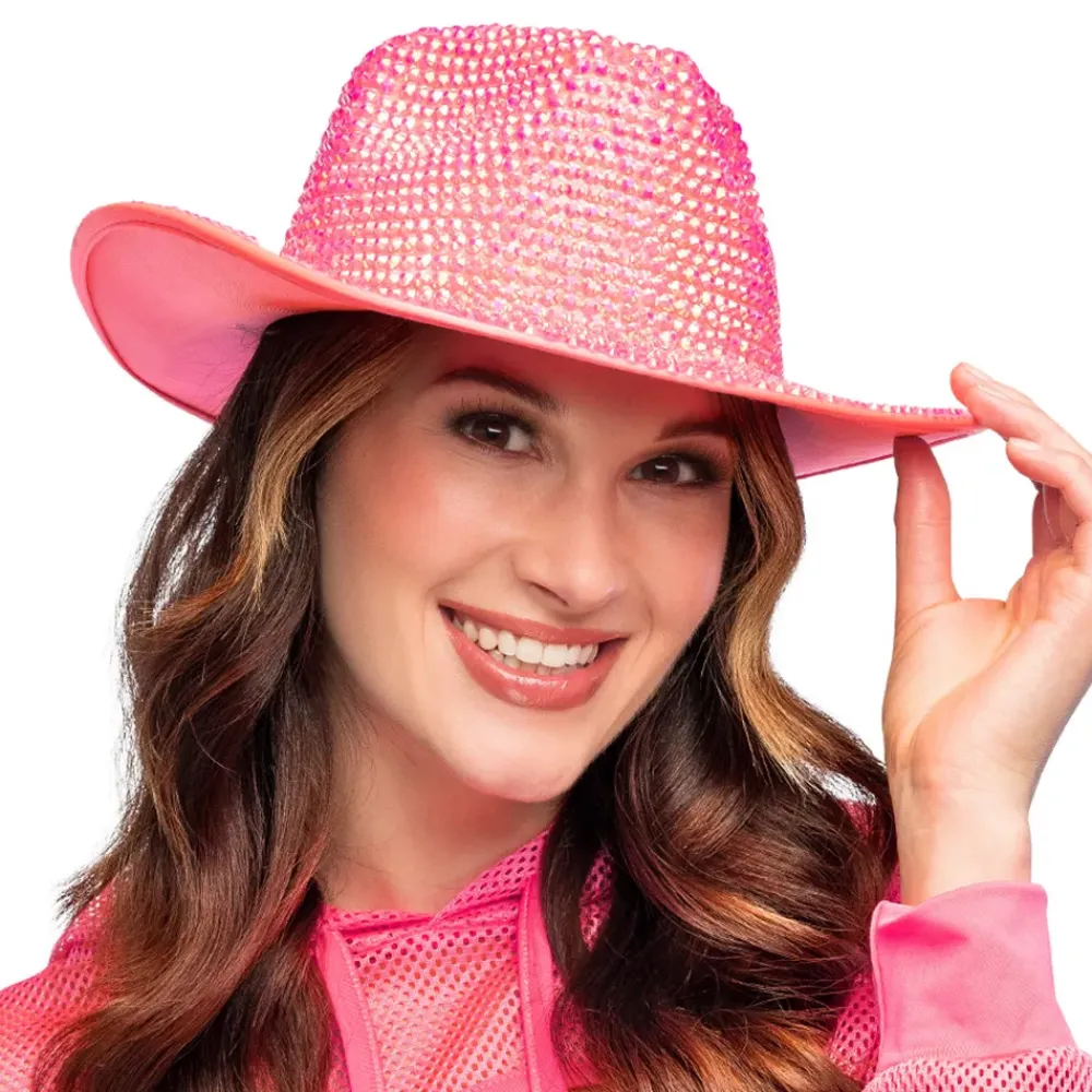 Boland Party Partners B.V. Cowboyhat med Strass UV Neonlyserød - Tøj|Kostumetema