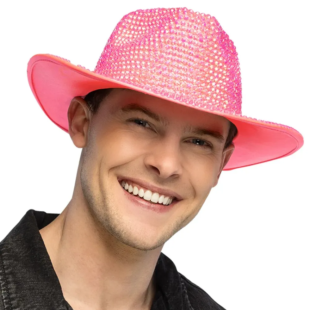 Boland Party Partners B.V. Cowboyhat med Strass UV Neonlyserød - Tøj|Kostumetema