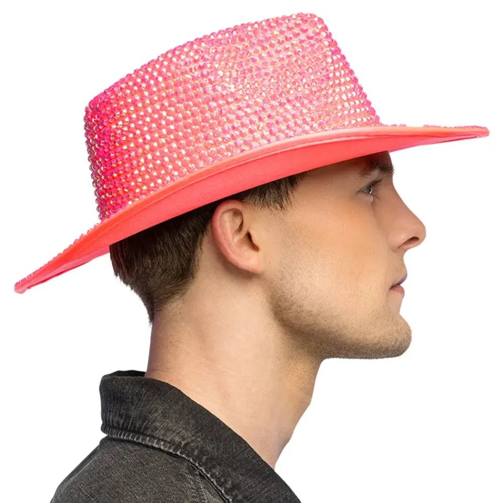 Boland Party Partners B.V. Cowboyhat med Strass UV Neonlyserød - Tøj|Kostumetema