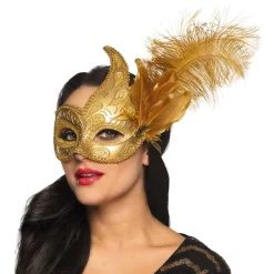 Discount Boland Party Partners B.V. Venetiansk Maske Guld med Fjer